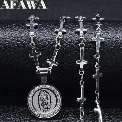 Small Holy Mother Maria Crystal Stainless Steel Choker Necklaces Silver Color Chain Necklaces Jewelry collier acier
