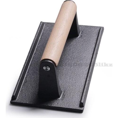 Cast Iron Pressed Meat Plate Household Rectangle Wooden Handle Checkered Meat Pressing Board Barbecue Squid Steak Tool
