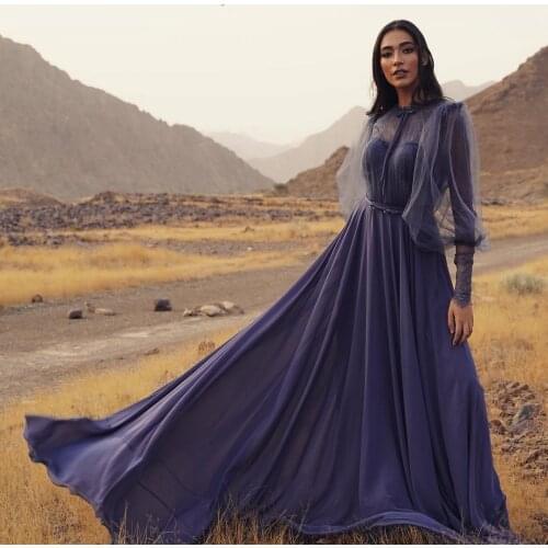 Violet Elegant Moroccan Caftan Evening Dress Tulle A-Line Floor Length Celebrity Dress With Train Saudi Arabia Prom Dress