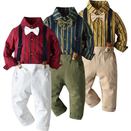 Boys Striped Shirts+ Overalls Pants Brithday Evening Party Children Clothing Sets Gentleman Outfits 2pcs Children Clothing Sets