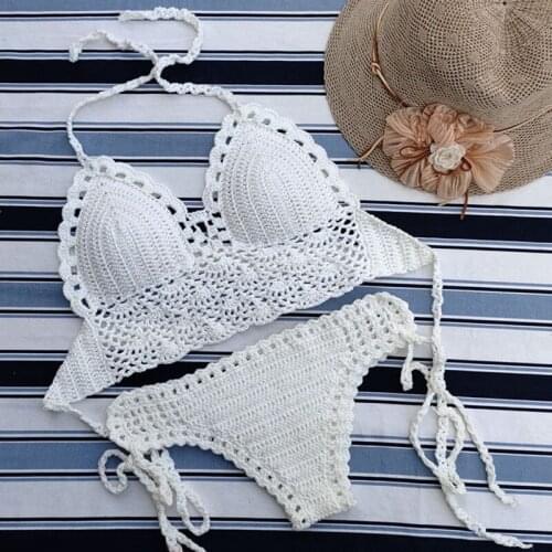 Cotton Crochet Bikini Set Sexy Beach Bra Top Stappy Swimwear Women Bathing Suit Solid Swimsuit Halter Push Up Bandage Beachwear