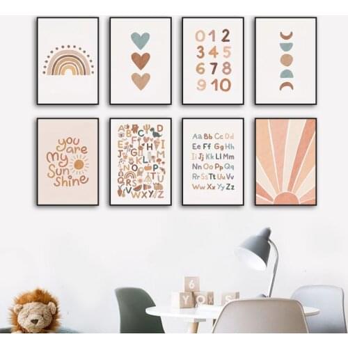 Cartoon Animals Alphabet Numbers Rainbow Sun Wall Art Print Canvas Painting Nordic Poster Gallery Decor Pictures For Living Room