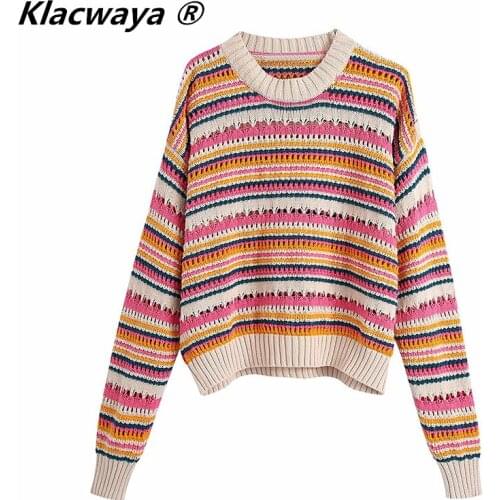 Klacwaya 2021 Women Fashion Striped Loose Crop Knit Sweater Vintage O Neck Long Sleeve Pullovers Chic Knitting Top