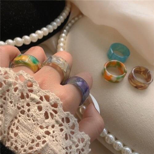 5Pcs/Lot Korea Fashion Vintage Resin Rings Aesthetic Acetate Colorful Acrylic Thick Round Rings For Women Jewelry Accessories
