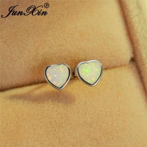 White Gold Filled Cute Heart Stud Earrings For Women Wedding Ear Studs Rainbow White Fire Opal Earrings Engagement Jewelry