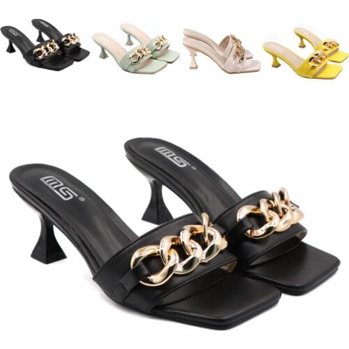 Women Sandals 2021 Summer New Style Contracted Fine Heel Slipper Female One Word Belt Fashionable 7cm High-Heeled Shoes