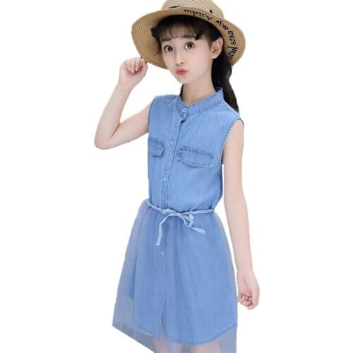Girls Summer Clothes Mesh Girl Clothes Denim Vest + Mesh Dress Girl Outfit Summer Childrens Costume 6 8 10 12 14