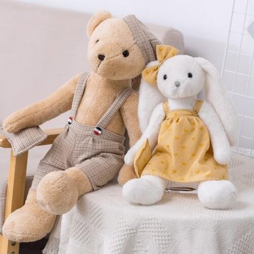 Bear Plush Toy In Overalls Long-eared Rabbit Plushie Doll Stuffed Animals Kawaii Kids Playmate Sleeping Companion Soft Toys