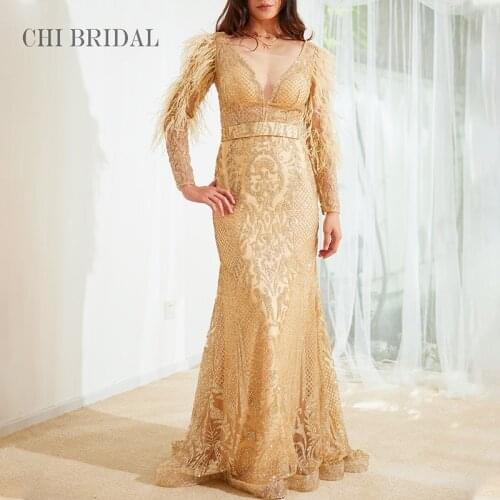 New Elegant Bronzing Mesh Prom Dress Long Sleeve Feather Tail Evening Dress Customizable V-Neck Long Dress Actual Image