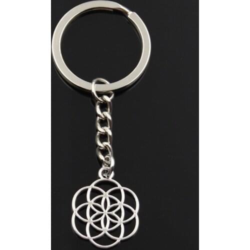New Fashion Keychain 25x20mm Flower Of Life Yoga Pendants DIY Men Silver Color Car Key Chain Ring Holder Souvenir For Gift