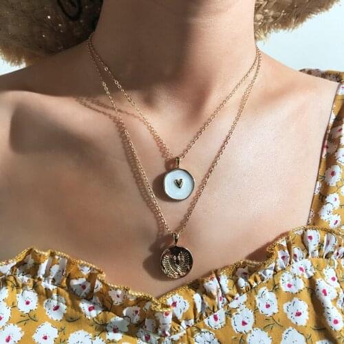 New Korean Harajuku Sweet Heart Circle Enamel Necklace Creative Round Carved Leaves Double Layer Necklace for Women Nice Gift