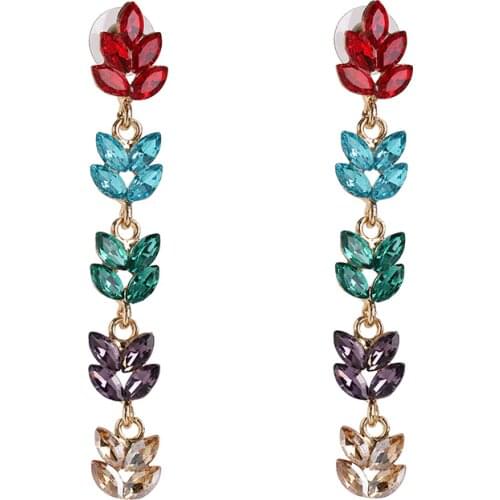 New Arrive Gold Color Crystal Long Earrings Elegant Hanging Leaves Bridal Dangle Earrings for Women Prom Wedding Jewelry