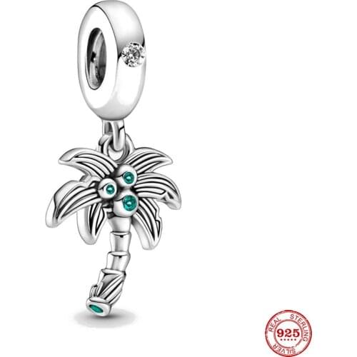 New Original Silver Color Palm Tree Green Dangle Diy Bead Fit European Pandora Charms Bracelet Bangles Diy Jewelry P631