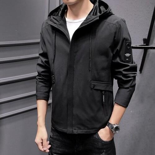 Autumn Mens Jacket Casual Solid Color All-match Male Jacket Trend Stretch Youth Jacket Zipper Pocket Hooded Men Sport Jacket
