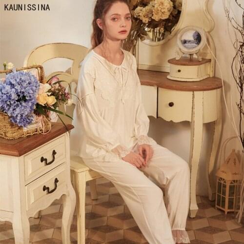 Fashion Soft Cotton Womens Long Sleeve Pajamas Sets Pink White Lace Vintage Sleepwear Sweet Nightsuits Home Female Loungewear