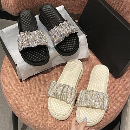 European And American Popular Womens Slippers 2021 Summer New Rhinestone Flat Slippers Thick-Soled One-Word Slippers