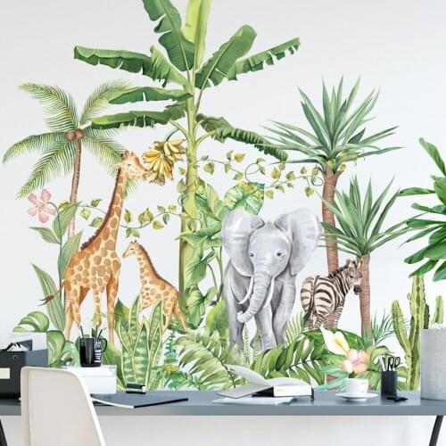 Nordic Rain Forest Animal Elephant Zebra Giraffe Wall Stickers Tropical Plants Bedroom Background Kid Room Corridor Decoraction