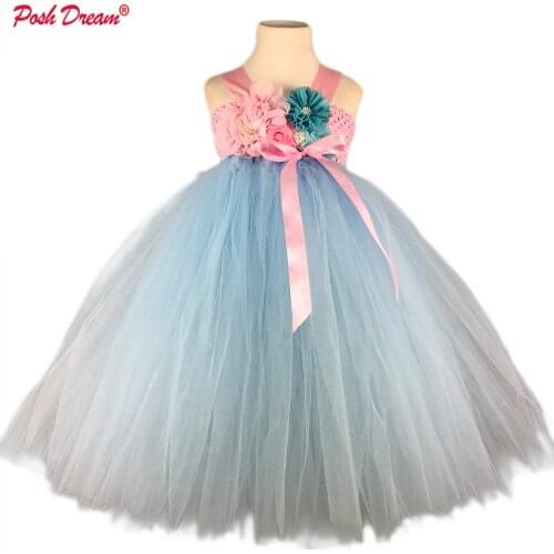 POSH DREAM Light Blue Pink Flower Kids Girls Wedding Dresses Bridesmaid Girls Flower Princess Kids Clothes Baby Girls Clothes
