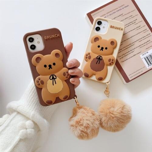 Cute Cartoon 3D Bear Silicon Phone Case for Iphone 11 12 Pro Max Mini Xs Max Xr X 6 7 8 Plus Shockproof Cover Funda with Pendant