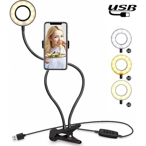 Makeup Live Stream USB Selfie Ring Light Clip Bracket Cell Phone Holder Stand Kit In-line LED Desk Lamp for iPhone Android KTV