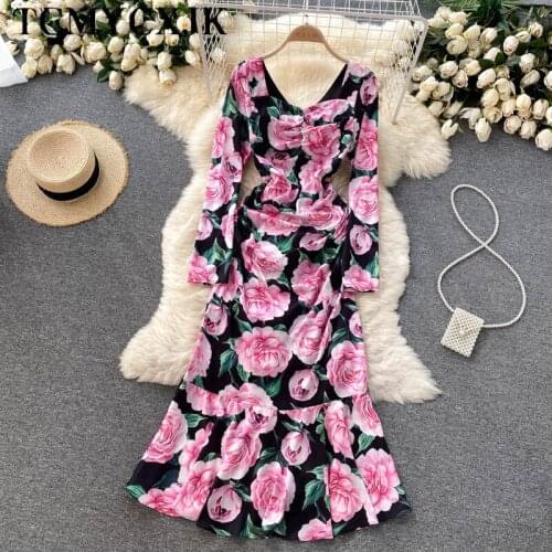 Slim Sexy Square Collar Long Sleeve Trumpet Midi Dress Summer Elegant French Vintage Floral Dress Fashion Fairy Evening Dresses