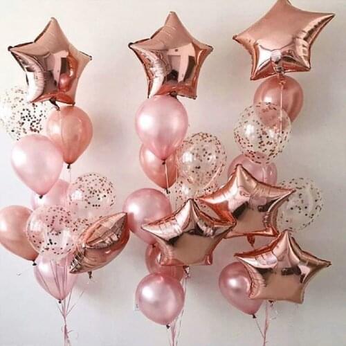 Rose Gold Theme Party weeding Decoration Balloon Heart/Star 18 Inch Aluminum Film confetti Rose Gold Latex Balloon Chrome