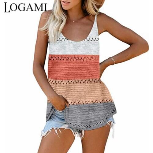 LOGAMI Striped Color-block Beach Knitted Sweater Vest Women Sleeveless Hollow Out Knit Pullover Thin Jumpers