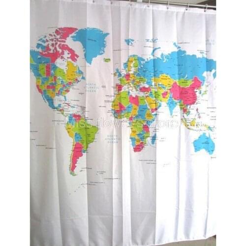 Shower Curtain World Map Pattern Bathroom Waterproof Mildewproof Polyester Fabric With 12 Hooks 180cm*180cm (71 Inch)