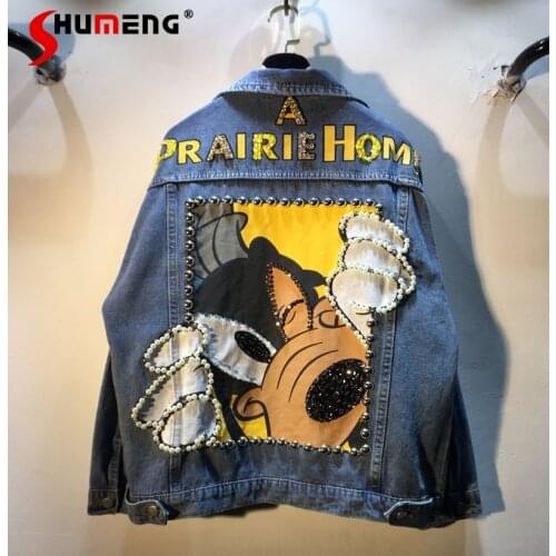 2021 Autumn and Winter European New Diamond Beaded Cartoon Graffiti Loose Slimming Denim Jacket Women