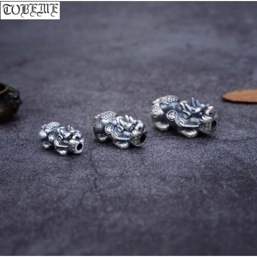 100% 3D 999 Silver Lotus Flower Pixiu Beads Vintage Silver Fengshui Piyao Beads Good Luck Pixiu Beads DIY Bracelet