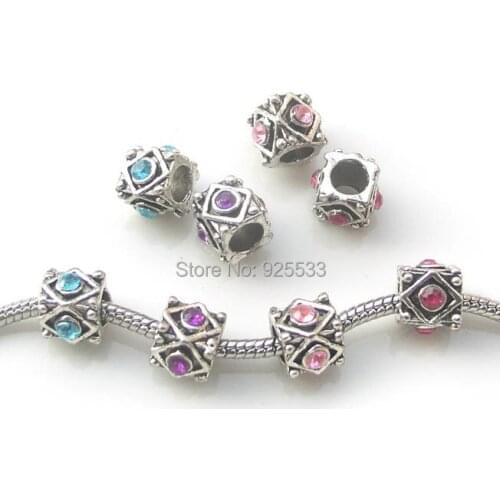 Free shipping 50pcs antique silver plated alloy acrylic rhinestone mix color big hole beads fit European bracelet necklace DIY