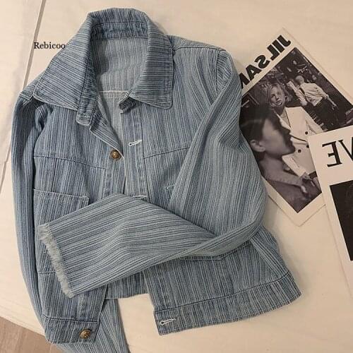 Spring Autumn Women Denim Jacket Vintage Tassel Striped Streetwear Jeans Jacket Korean Chic Women Coat Female Outfit New