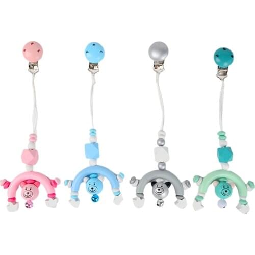 Baby Stroller Wooden Hanging Pendant Cute Cartoon Bear Teething Toys Newborn Infants Small Bell Beads Rattle Teether