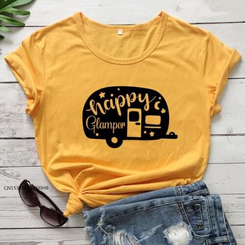 Happy Glamper 100%COTTON T-Shirt Funny Short Sleeve Graphic Camping Tees Tops Cute Women Summer Travel Outdoor Tshirt