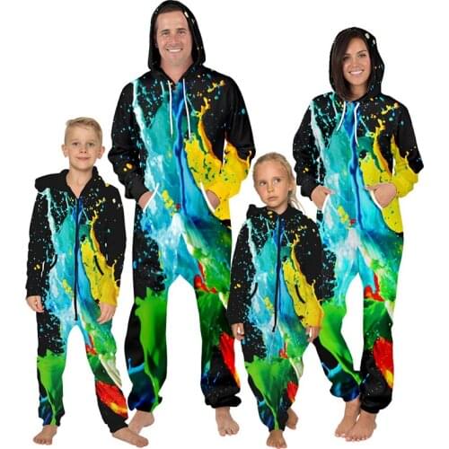 Family Matching Outfit Autumn Winter Color Ink Parent Child Long Sleeved Fleece Jumpsuit Father Mother Kid Boy Girl Home Clothes