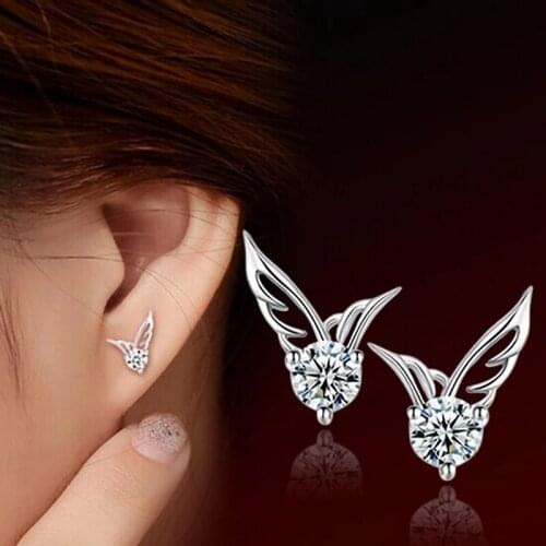 925 Silver Pin Korean Angel Wing Ear Jewelry Fashion Diamond Wing Accessories Earrings Trendy 2021 Earrings for Women Wholesale