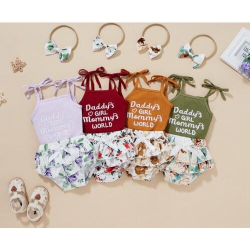 3pcs Summer Toddler Infant Baby Girl Cotton Letter Floral Outfits Set Sleeveless Bodysuit+Shorts+Headband Cute Baby Clothes