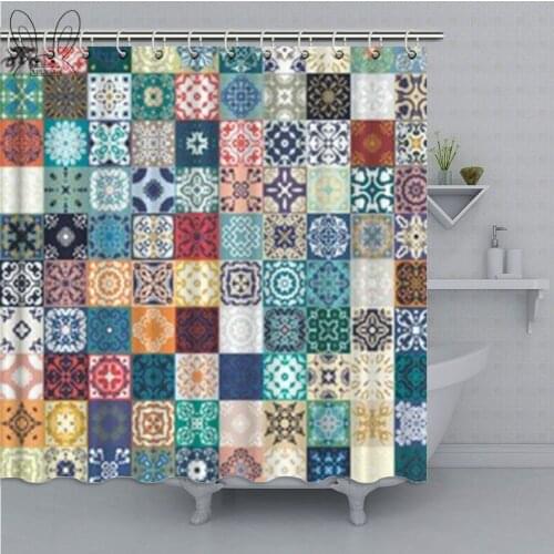 Aplysia Moroccan Decor Shower Curtain Colorful Floral Patchwork Tile Mosaic Mediterranean Square Fabric Bath Curtains Home Decor