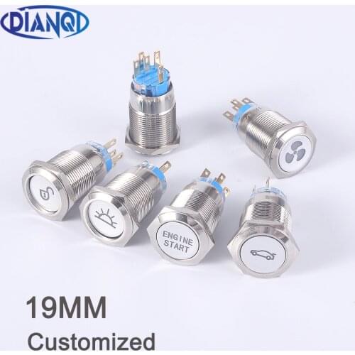 19mm Customization button metal Brass rhodium plating push button switch ring lamp flat round latching/Momentary fans light