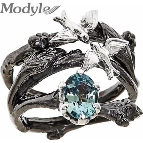 Modyle Fashion New Silver Color Birds in Black Leaf Wedding Ring Set for Woman with Round Blue Austrian Crystal