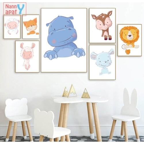 Nordic Nursery Animals Poster Lion Hippo Sheep Deer Wall Art Canvas Painting Baby Kids Bedroom Decor Modern Home Decoration