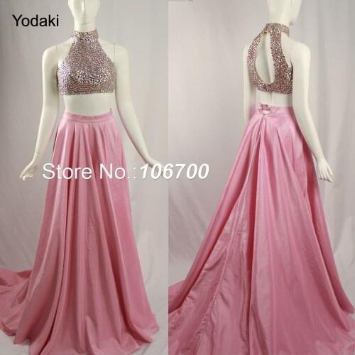 New Arrival Two Pieces Big Bottom Ball Gown Evening Gowns High Neck Halter Pink Long Party Prom robe de soiree