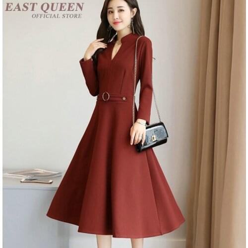 Autumn women dresses long sleeve elegant tunic A-line business ladies dress v-neck bodycon mid-calf dress with sashes DD292 F