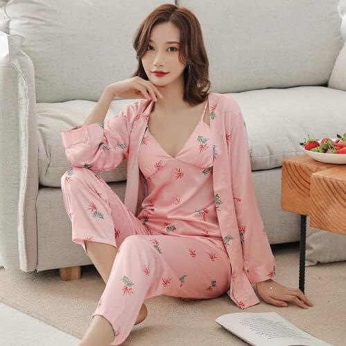 Sexy Sleepwear WomenS Summer Thin Print Suspenders Sleeping Skirt Ice Silk Long Sleeve Robe Two Sets Nightdress Пижама Женская