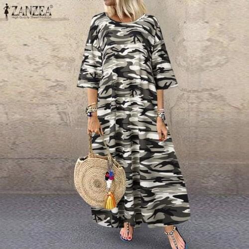 ZANZEA 2021 Summer Women Vintage Printed Party Dress Casual Short Sleeve Camouflage Sundress Long Vestidos Femme Robe Tunic
