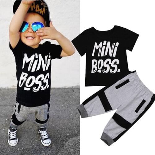 Pudcoco 2 Pieces Kids Toddler Baby Boys Clothes Set Children Little Boys Letter Mini Boss T-shirt Tops Pants Outfits 1-6T