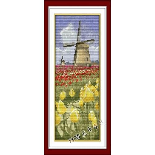 50*21cm Needlework,DIY Cross stitch,Embroidery kit set,Flower Tulip Garden Holland Windmill Scenic Cross-Stitch paint Home Decor