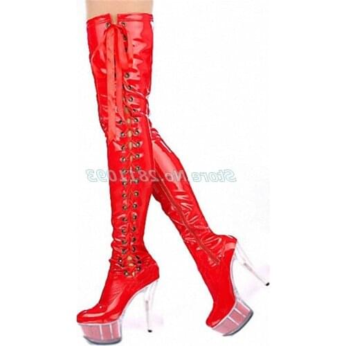 Transparent Heel Thigh High Boots Lace Up Thin High Heel Round Toe Over The Knee Boots Solid Patent Leather Runway Women Boots