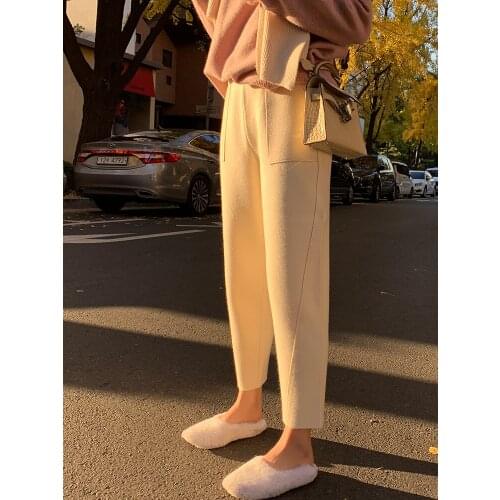 Thin High Waist Trousers Winter Womens Knitted Harlan Korean Style Nine-Point Loose Casual Pants
