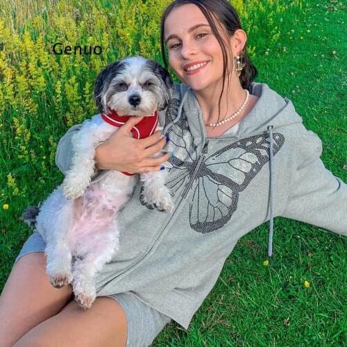 Y2K Fashion Oversized Butterfly Graphic Rhinestone Zip Up Hoodies Streetwear Diamond Grey Long Jacket Autumn